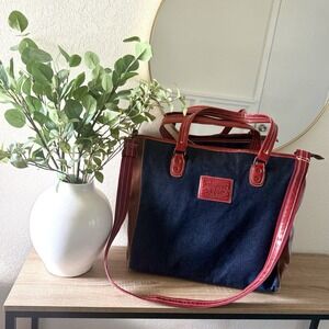 Vintage Levi's Blue Denim Tote Bag Leather Trim Shoulder Crossbody Large Purse